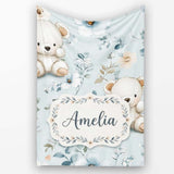 Cute Teddy Bears with Soft Blue Floral Background Seamless Pattern  Personalised Custom Name Super Soft Fleece Blanket Bed Sofa Throw