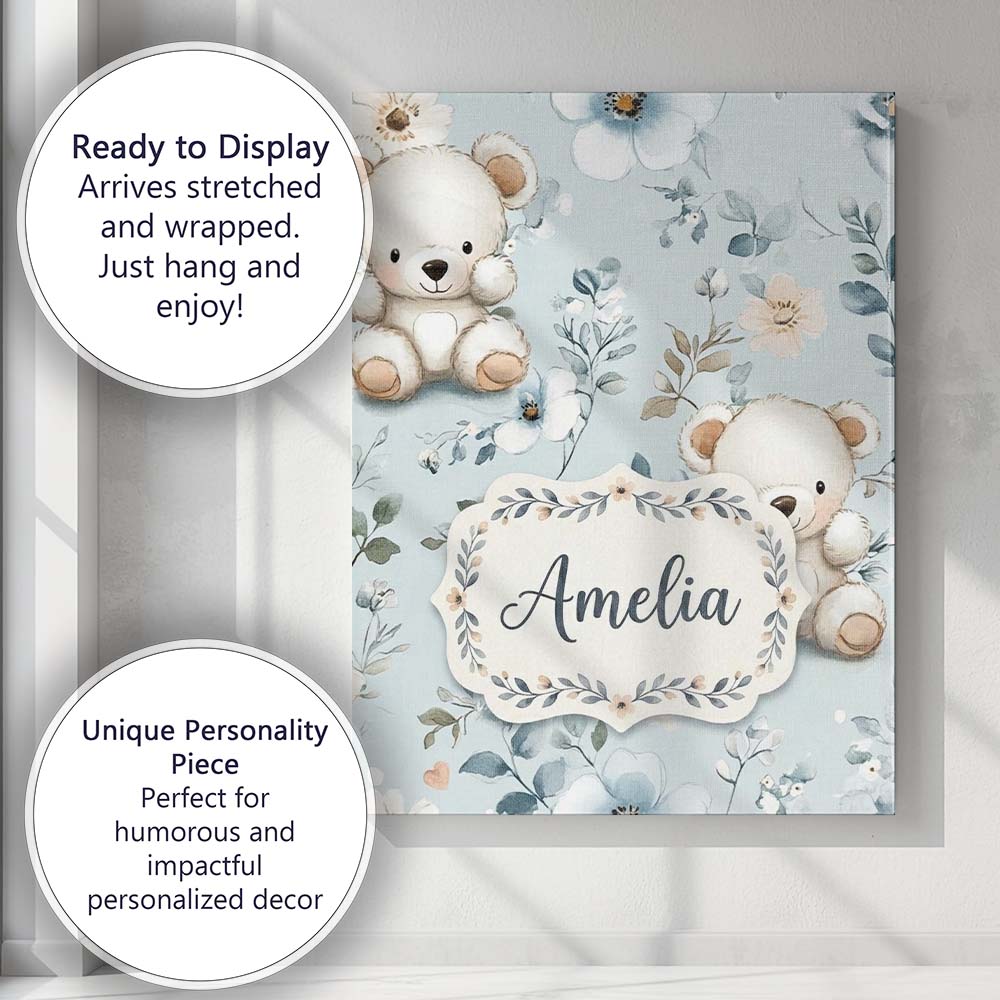 Personalised Name Cute Teddy Bears with Custom  Modern Room Accent Elegant Feature Canvas Wall Art Print Decor Picture Ready to Hang