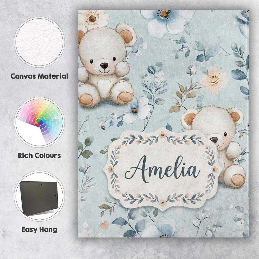 Personalised Name Cute Teddy Bears with Custom  Modern Room Accent Elegant Feature Canvas Wall Art Print Decor Picture Ready to Hang