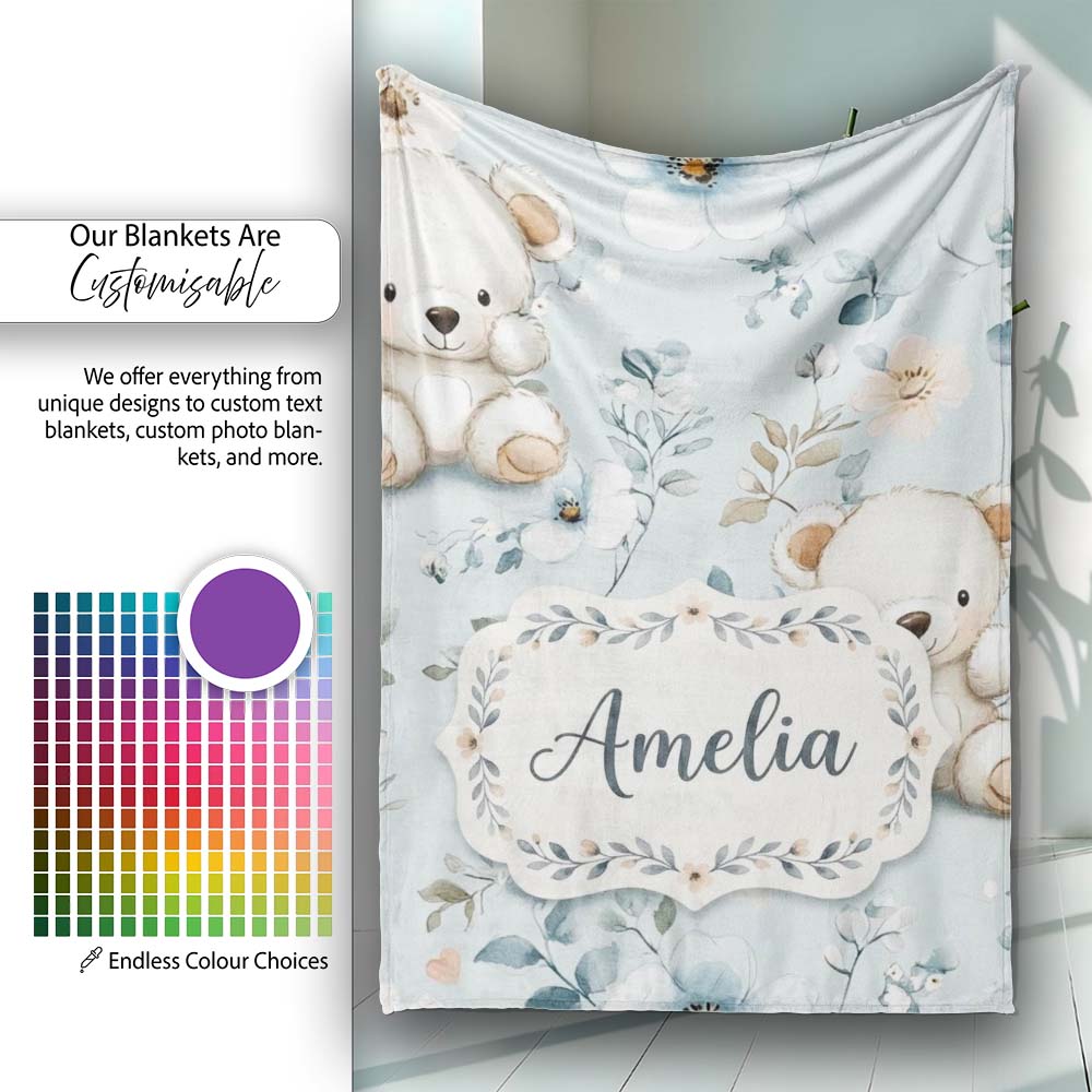 Cute Teddy Bears with Soft Blue Floral Background Seamless Pattern  Personalised Custom Name Super Soft Fleece Blanket Bed Sofa Throw