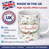 Personalized Custom Name Christmas Icons Pattern Snowflakes Gifts Baubles Seamless Design 11oz Ceramic Coffee Tea Mug White Large Handle