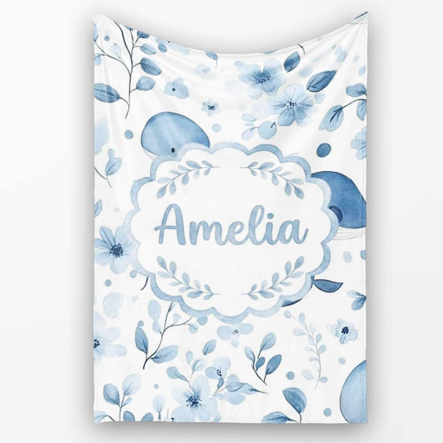 Cute Blue Whale with Floral Background Seamless Pattern Lovely  Personalised Custom Name Super Soft Fleece Blanket Bed Sofa Throw