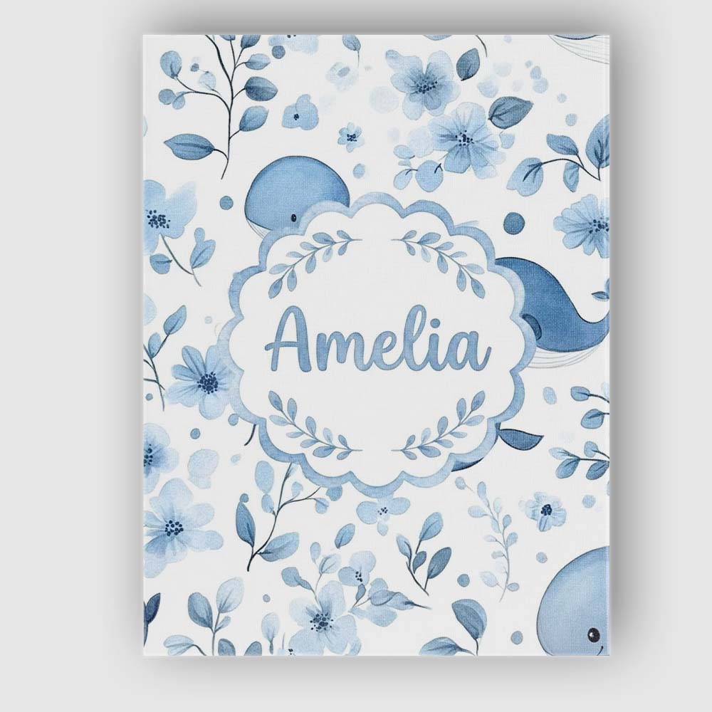 Personalised Name Cute Blue Whale with Custom  Modern Room Accent Elegant Feature Canvas Wall Art Print Decor Picture Ready to Hang