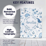 Personalised Name Cute Blue Whale with Custom  Modern Room Accent Elegant Feature Canvas Wall Art Print Decor Picture Ready to Hang