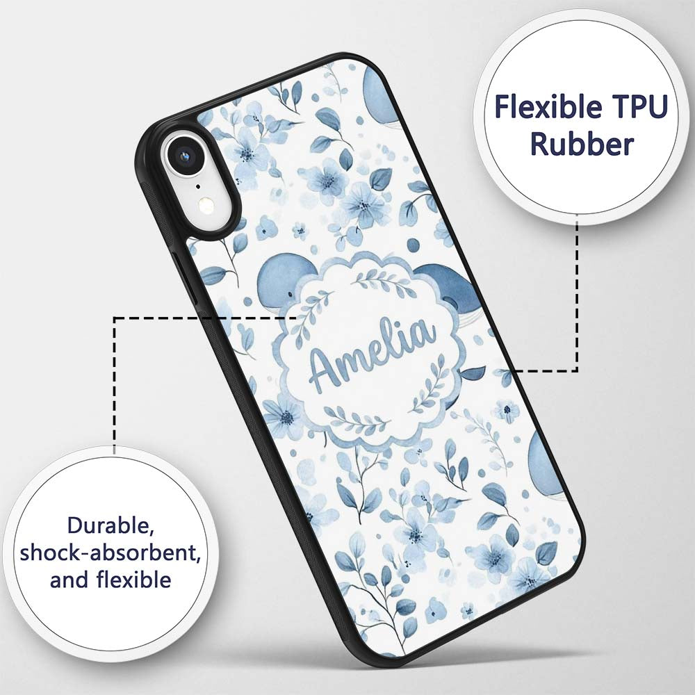 Cute Blue Whale with Floral Background Seamless Custom Name Protective Phone Case Mobile Cover Durable Everyday Smartphone Shock Resistant