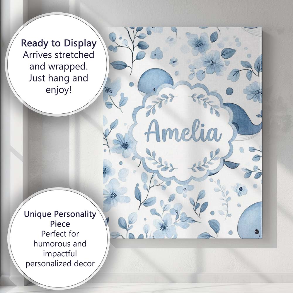 Personalised Name Cute Blue Whale with Custom  Modern Room Accent Elegant Feature Canvas Wall Art Print Decor Picture Ready to Hang