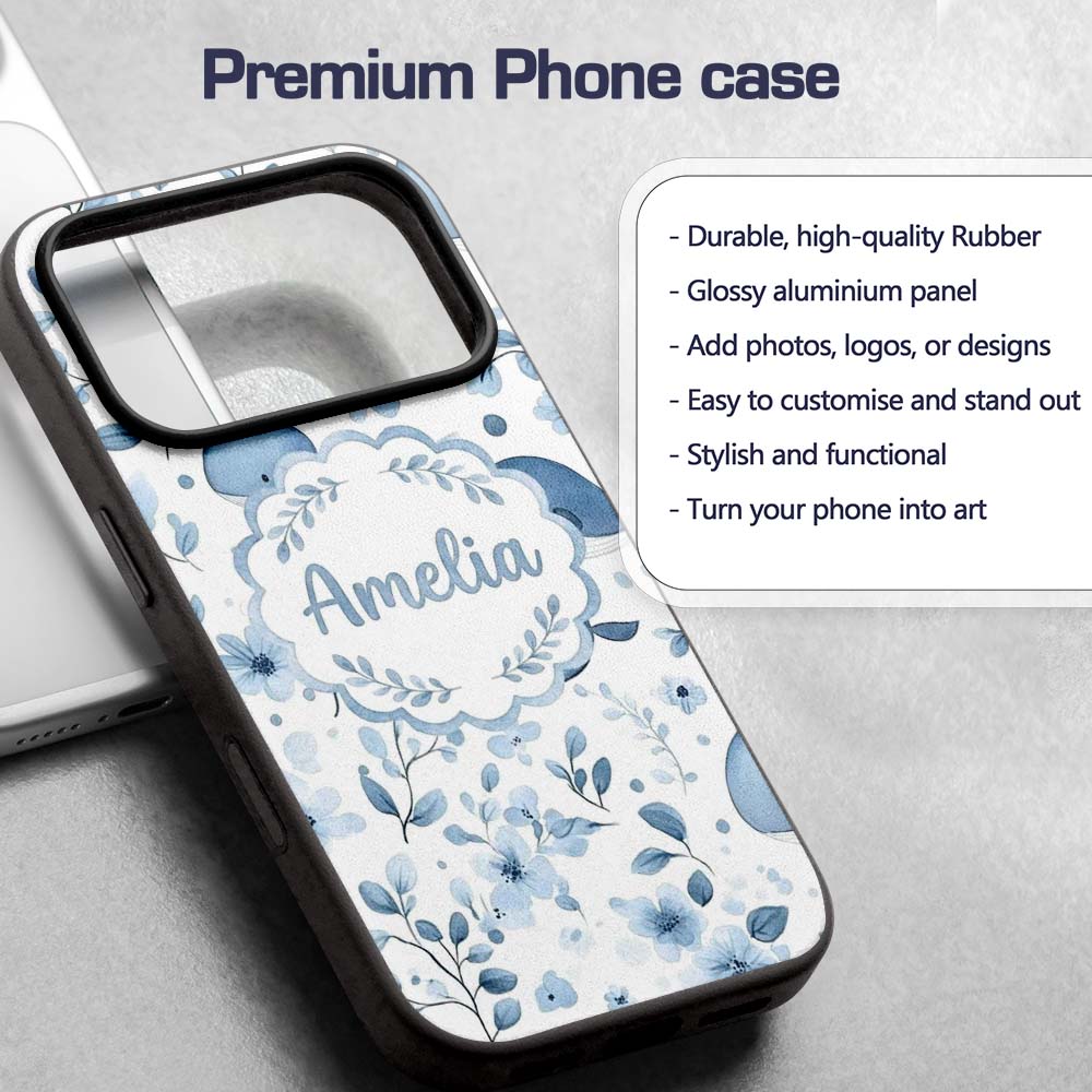Cute Blue Whale with Floral Background Seamless Custom Name Protective Phone Case Mobile Cover Durable Everyday Smartphone Shock Resistant
