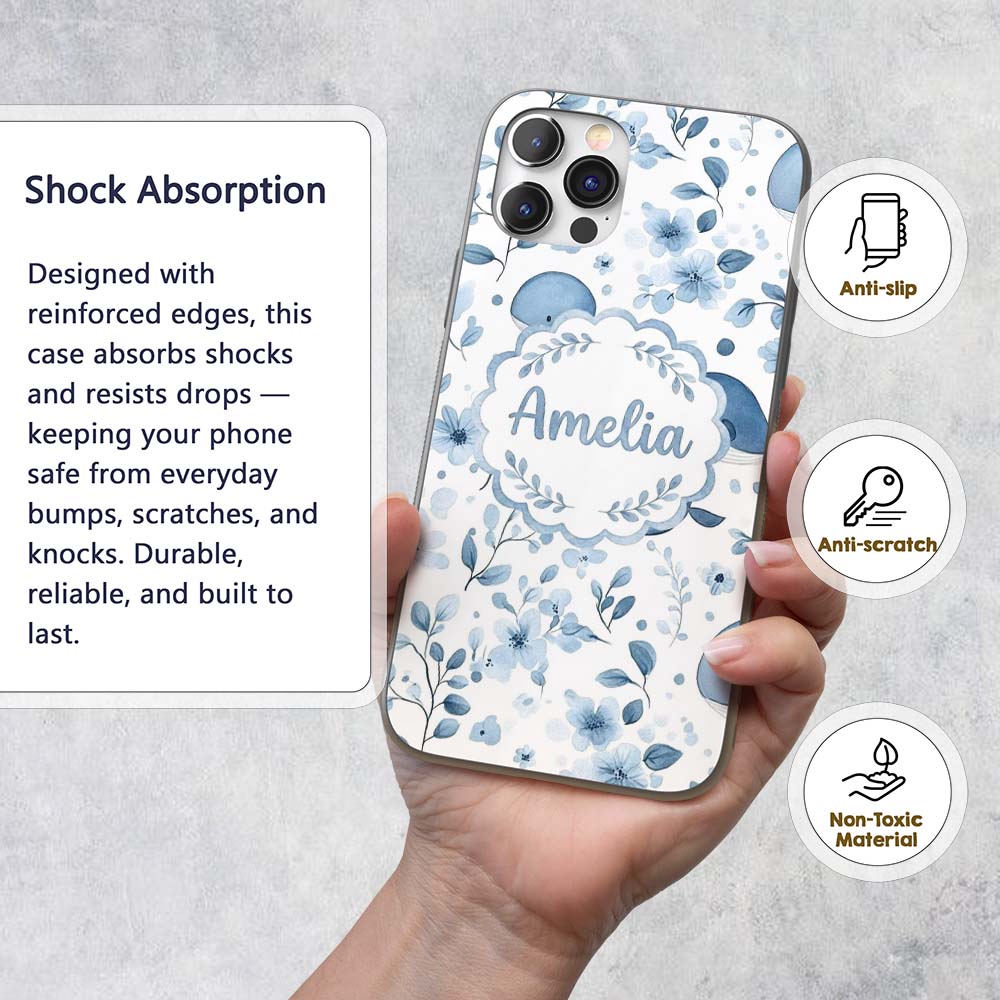 Cute Blue Whale with Floral Background Seamless Custom Name Protective Phone Case Mobile Cover Durable Everyday Smartphone Shock Resistant