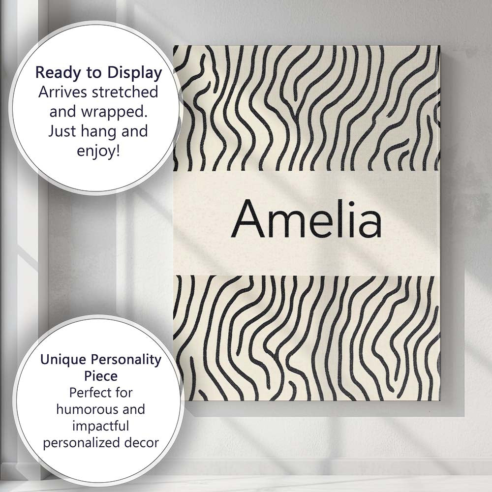 Personalised Name Flowing Wavy Lines Black Cream Organic Stripe Custom  Statement Canvas Wall Art Print Decor Picture Ready to Hang