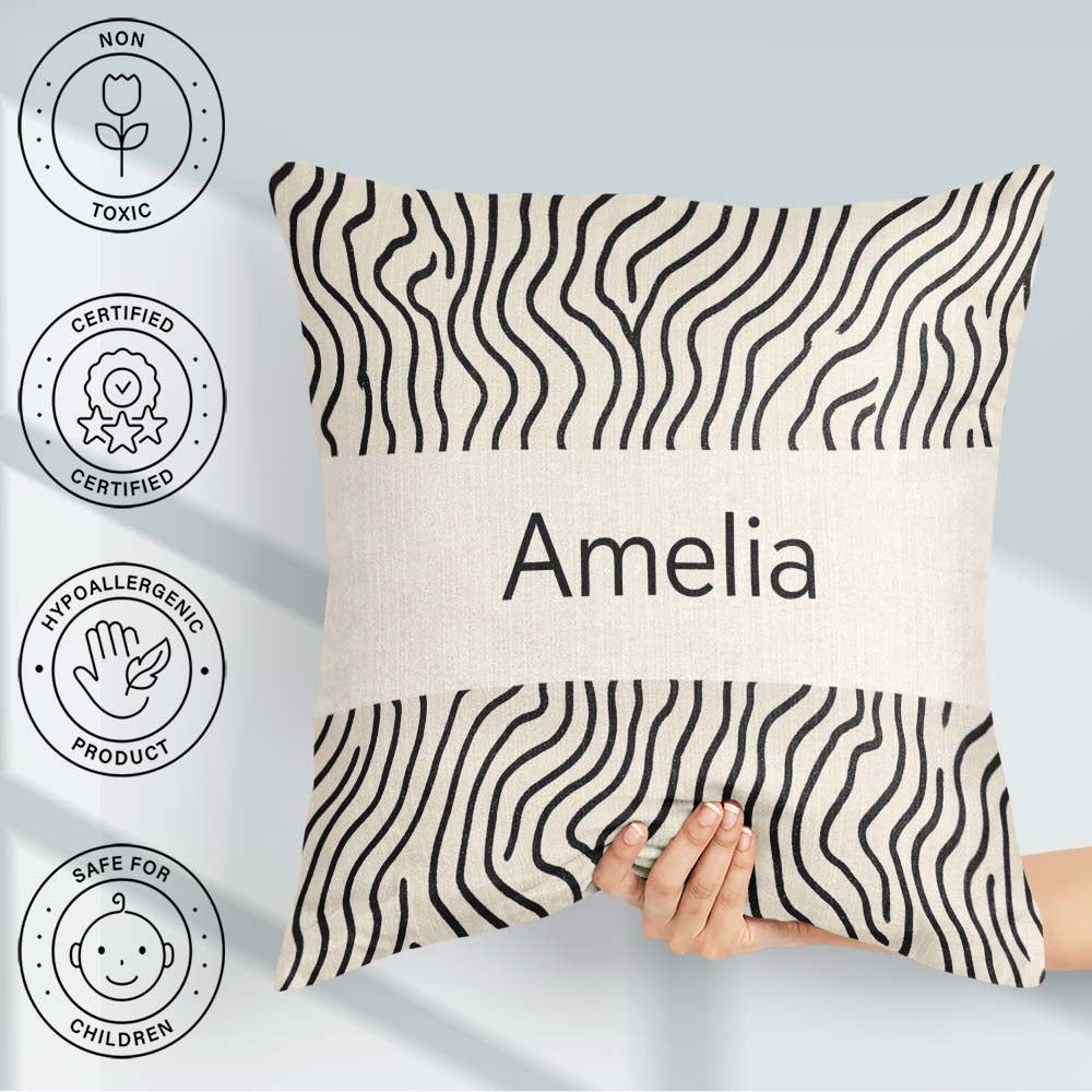 Custom Name Flowing Wavy Lines Black Cream Organic Stripe Lovely Square Filled Cushion Throw Pillow Sofa Bed Home Decor Zip Washable UK Made
