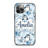 Cute Penguin with Blue Floral Background Seamless Custom Name Protective Phone Case Mobile Cover Durable Everyday Smartphone Shock Resistant