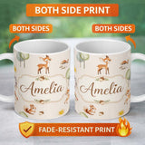 Personalized Custom Name Cute Woodland Deer Fox Mushroom Seamless Pattern on Soft Beige 11oz Ceramic Coffee Tea Mug White Large Handle