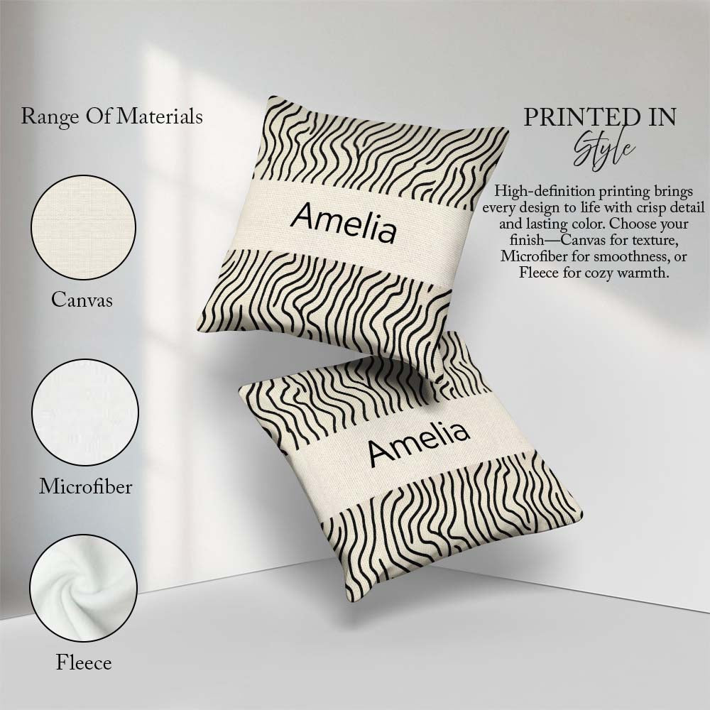 Custom Name Flowing Wavy Lines Black Cream Organic Stripe Lovely Square Filled Cushion Throw Pillow Sofa Bed Home Decor Zip Washable UK Made