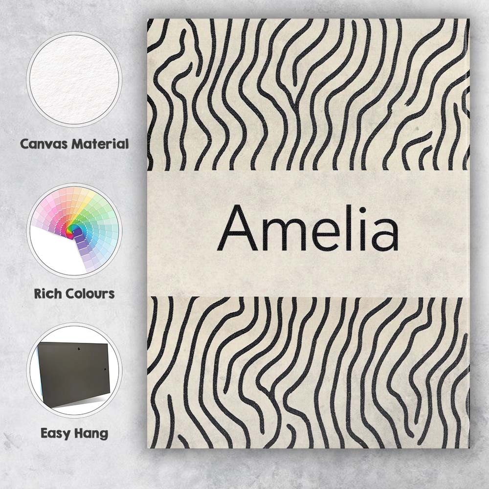 Personalised Name Flowing Wavy Lines Black Cream Organic Stripe Custom  Statement Canvas Wall Art Print Decor Picture Ready to Hang