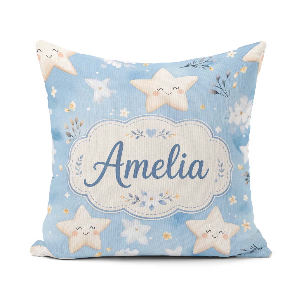 Custom Name Cute Smiling Starfish with Soft Blue Floral Seamless Square Filled Cushion Throw Pillow Sofa Bed Home Decor Zip Washable UK Made