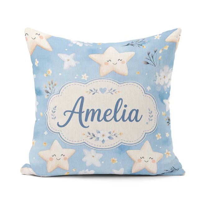 Custom Name Cute Smiling Starfish with Soft Blue Floral Seamless Square Filled Cushion Throw Pillow Sofa Bed Home Decor Zip Washable UK Made