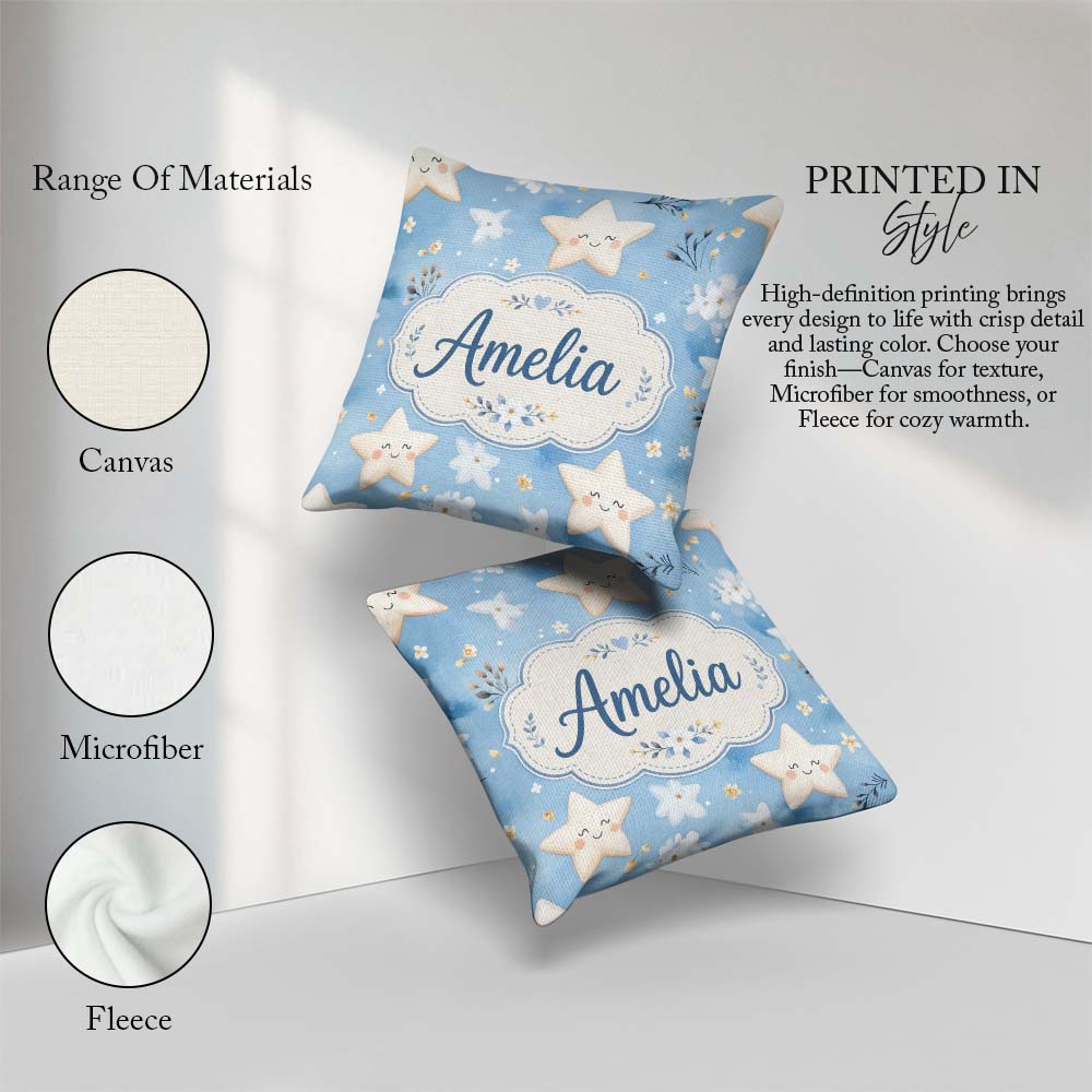 Custom Name Cute Smiling Starfish with Soft Blue Floral Seamless Square Filled Cushion Throw Pillow Sofa Bed Home Decor Zip Washable UK Made