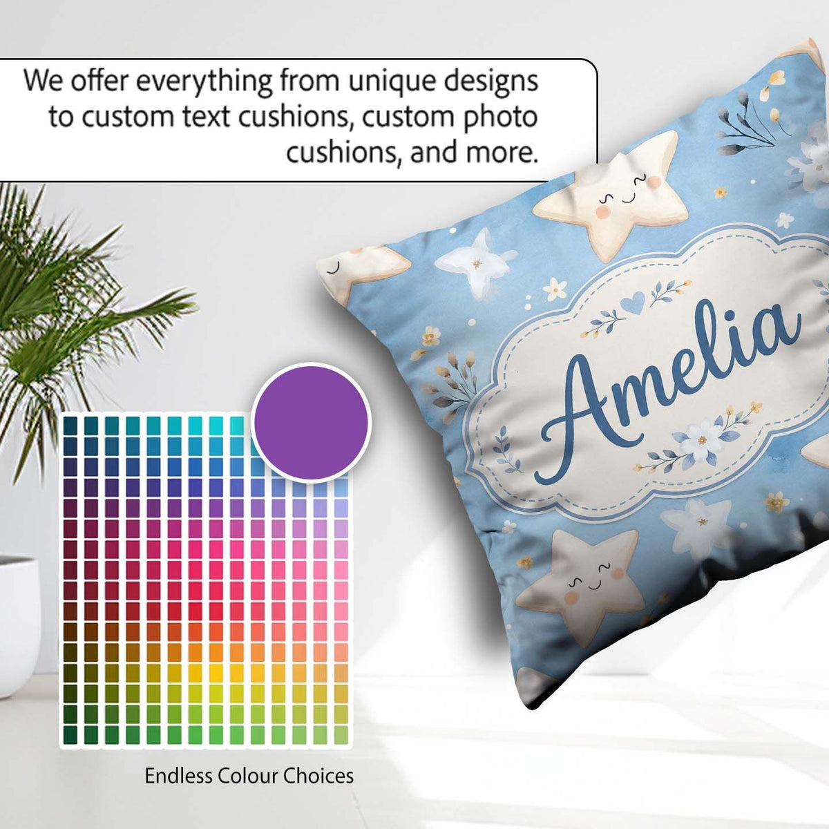 Custom Name Cute Smiling Starfish with Soft Blue Floral Seamless Square Filled Cushion Throw Pillow Sofa Bed Home Decor Zip Washable UK Made