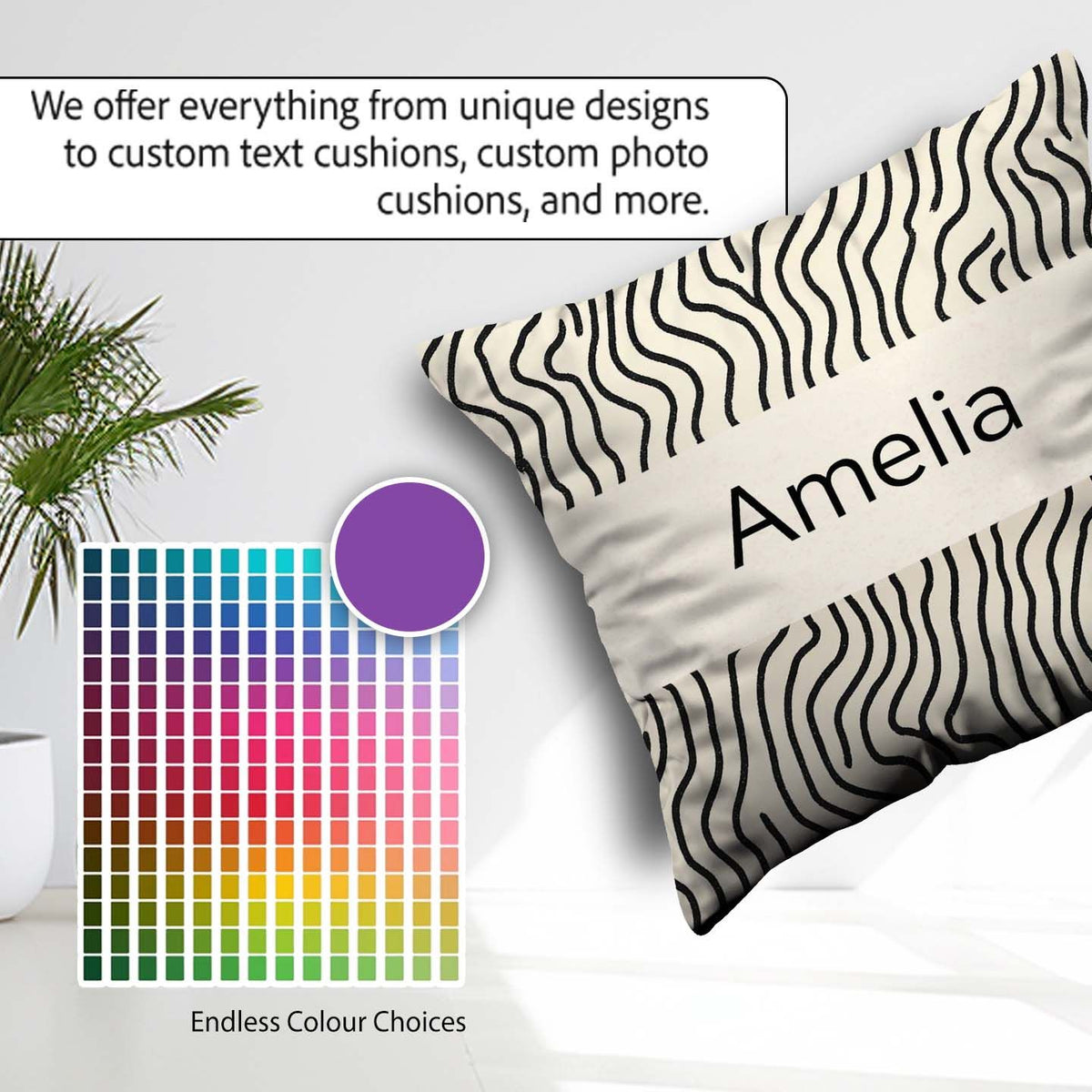 Custom Name Flowing Wavy Lines Black Cream Organic Stripe Lovely Square Filled Cushion Throw Pillow Sofa Bed Home Decor Zip Washable UK Made