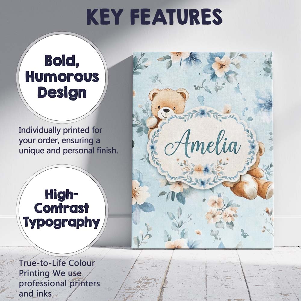 Personalised Name Cute Teddy Bears with Custom  Modern Room Accent Elegant Feature Canvas Wall Art Print Decor Picture Ready to Hang
