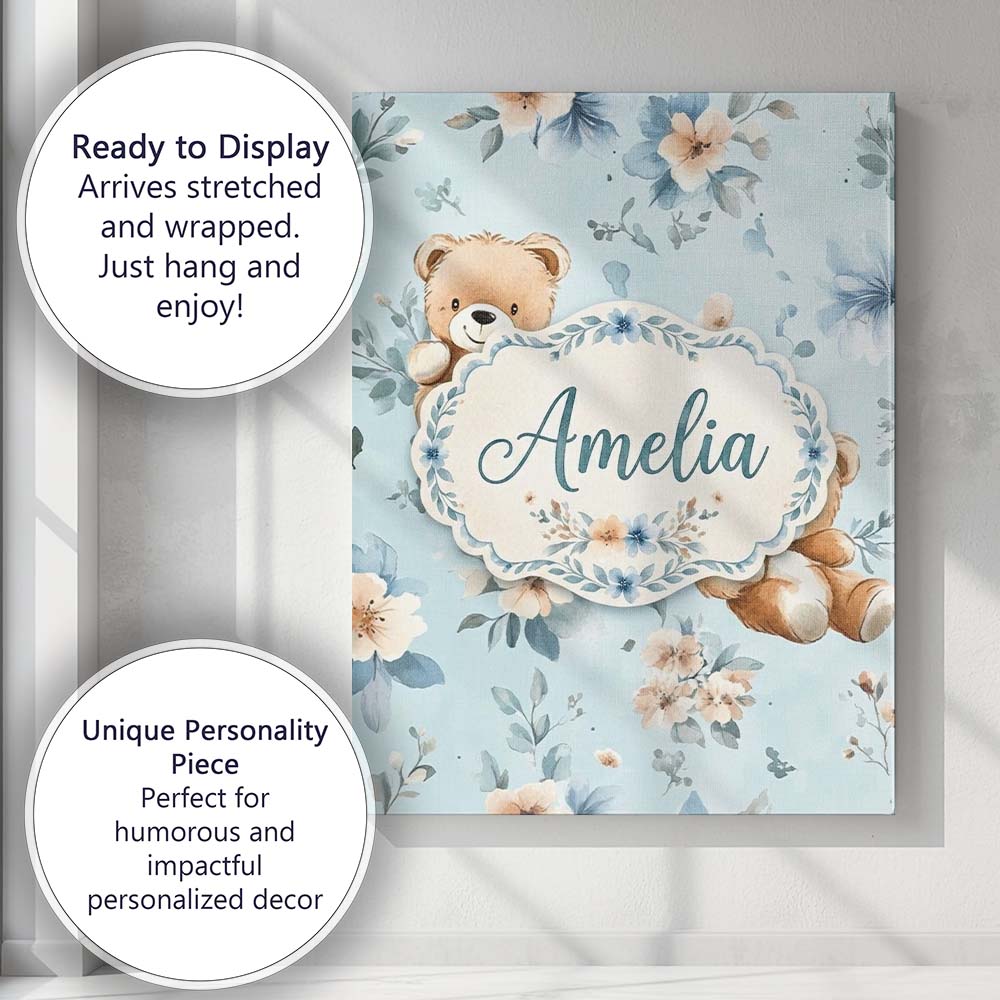 Personalised Name Cute Teddy Bears with Custom  Modern Room Accent Elegant Feature Canvas Wall Art Print Decor Picture Ready to Hang