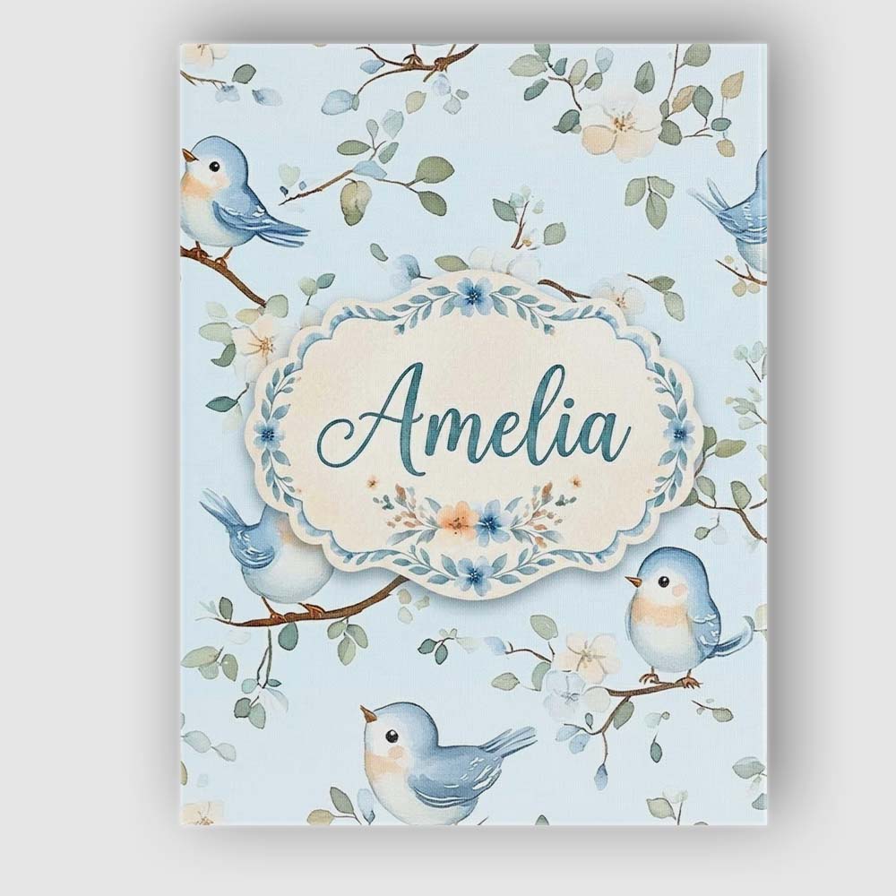 Personalised Name Cute Blue Birds on Floral Custom  Bespoke Interior Contemporary Canvas Wall Art Print Decor Picture Ready to Hang