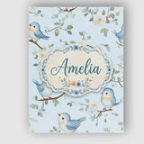Personalised Name Cute Blue Birds on Floral Custom  Bespoke Interior Contemporary Canvas Wall Art Print Decor Picture Ready to Hang