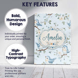Personalised Name Cute Blue Birds on Floral Custom  Bespoke Interior Contemporary Canvas Wall Art Print Decor Picture Ready to Hang