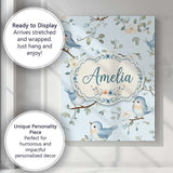 Personalised Name Cute Blue Birds on Floral Custom  Bespoke Interior Contemporary Canvas Wall Art Print Decor Picture Ready to Hang