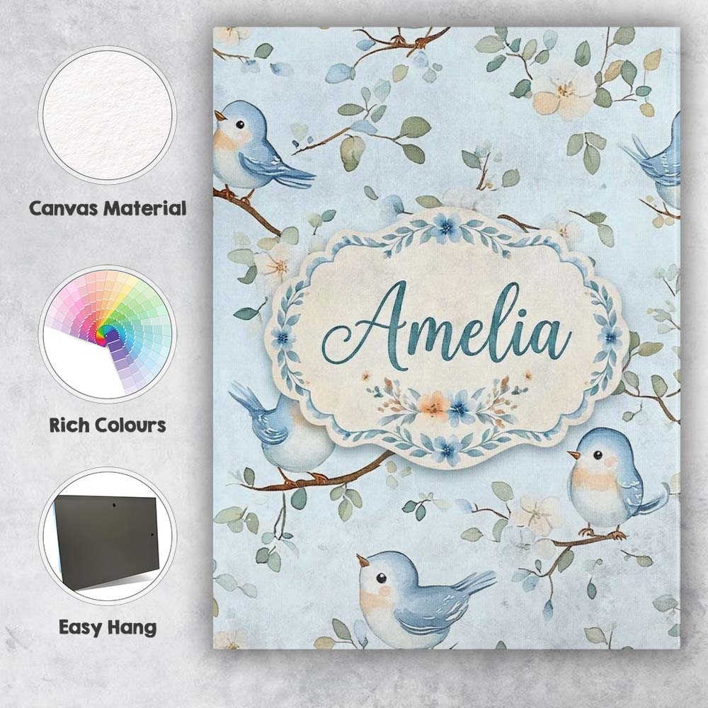 Personalised Name Cute Blue Birds on Floral Custom  Bespoke Interior Contemporary Canvas Wall Art Print Decor Picture Ready to Hang