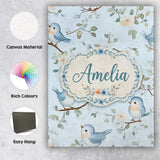 Personalised Name Cute Blue Birds on Floral Custom  Bespoke Interior Contemporary Canvas Wall Art Print Decor Picture Ready to Hang