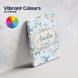 Personalised Name Cute Blue Birds on Floral Custom  Bespoke Interior Contemporary Canvas Wall Art Print Decor Picture Ready to Hang