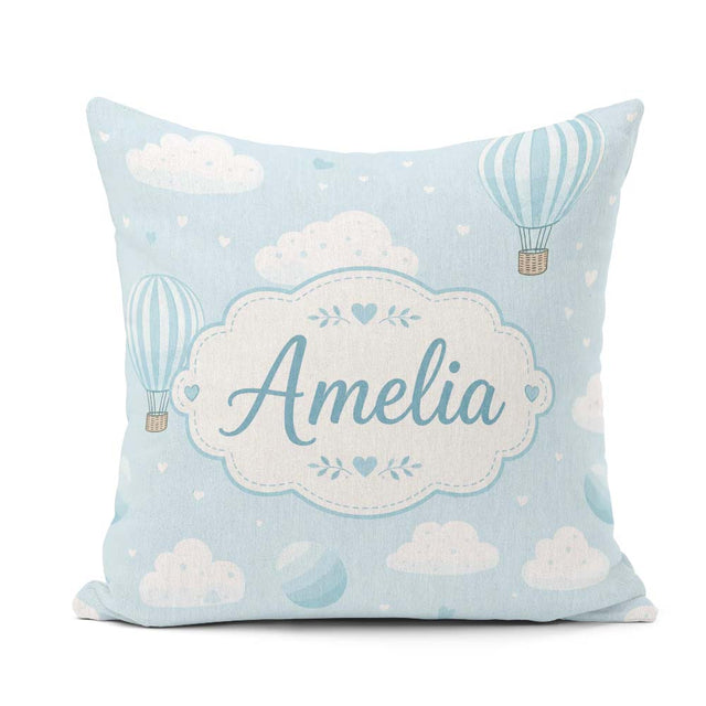 Custom Name Hot Air Balloons with Clouds Sky Background Seamless Square Filled Cushion Throw Pillow Sofa Bed Home Decor Zip Washable UK Made