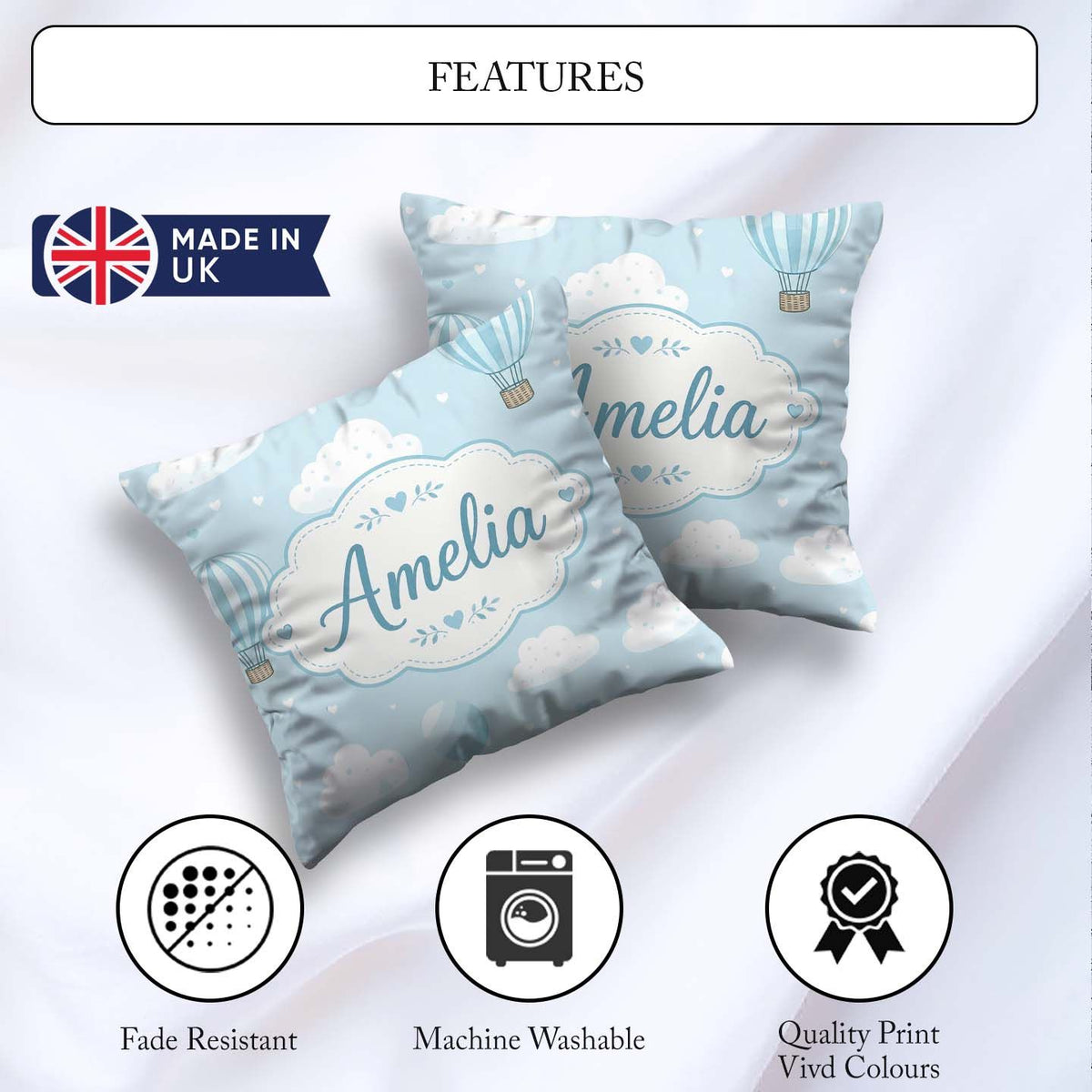 Custom Name Hot Air Balloons with Clouds Sky Background Seamless Square Filled Cushion Throw Pillow Sofa Bed Home Decor Zip Washable UK Made