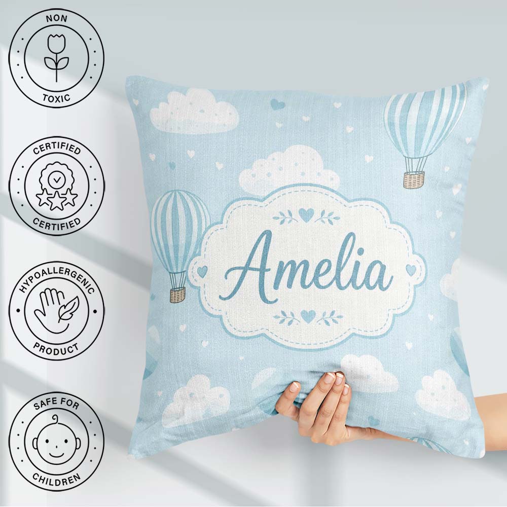 Custom Name Hot Air Balloons with Clouds Sky Background Seamless Square Filled Cushion Throw Pillow Sofa Bed Home Decor Zip Washable UK Made
