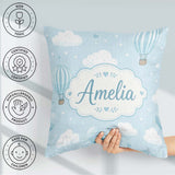 Custom Name Hot Air Balloons with Clouds Sky Background Seamless Square Filled Cushion Throw Pillow Sofa Bed Home Decor Zip Washable UK Made