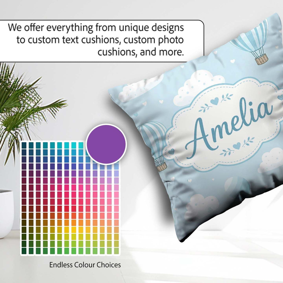 Custom Name Hot Air Balloons with Clouds Sky Background Seamless Square Filled Cushion Throw Pillow Sofa Bed Home Decor Zip Washable UK Made