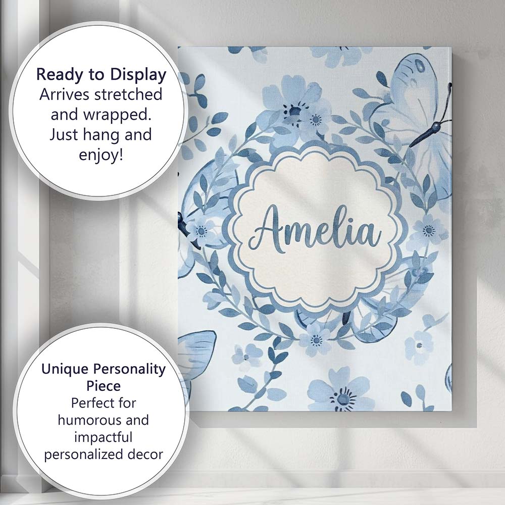 Personalised Name Cute Blue Butterflies Custom  Modern Room Accent Elegant Feature Canvas Wall Art Print Decor Picture Ready to Hang