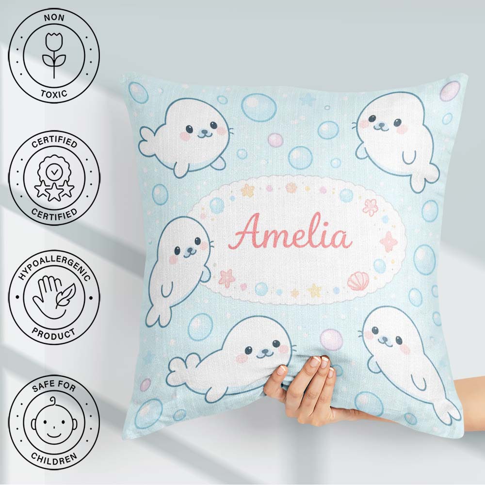 Custom Name Kawaii Seal Cartoon Animal Ocean Pattern Everyday Square Filled Cushion Throw Pillow Sofa Bed Home Decor Zip Washable UK Made