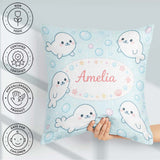 Custom Name Kawaii Seal Cartoon Animal Ocean Pattern Everyday Square Filled Cushion Throw Pillow Sofa Bed Home Decor Zip Washable UK Made