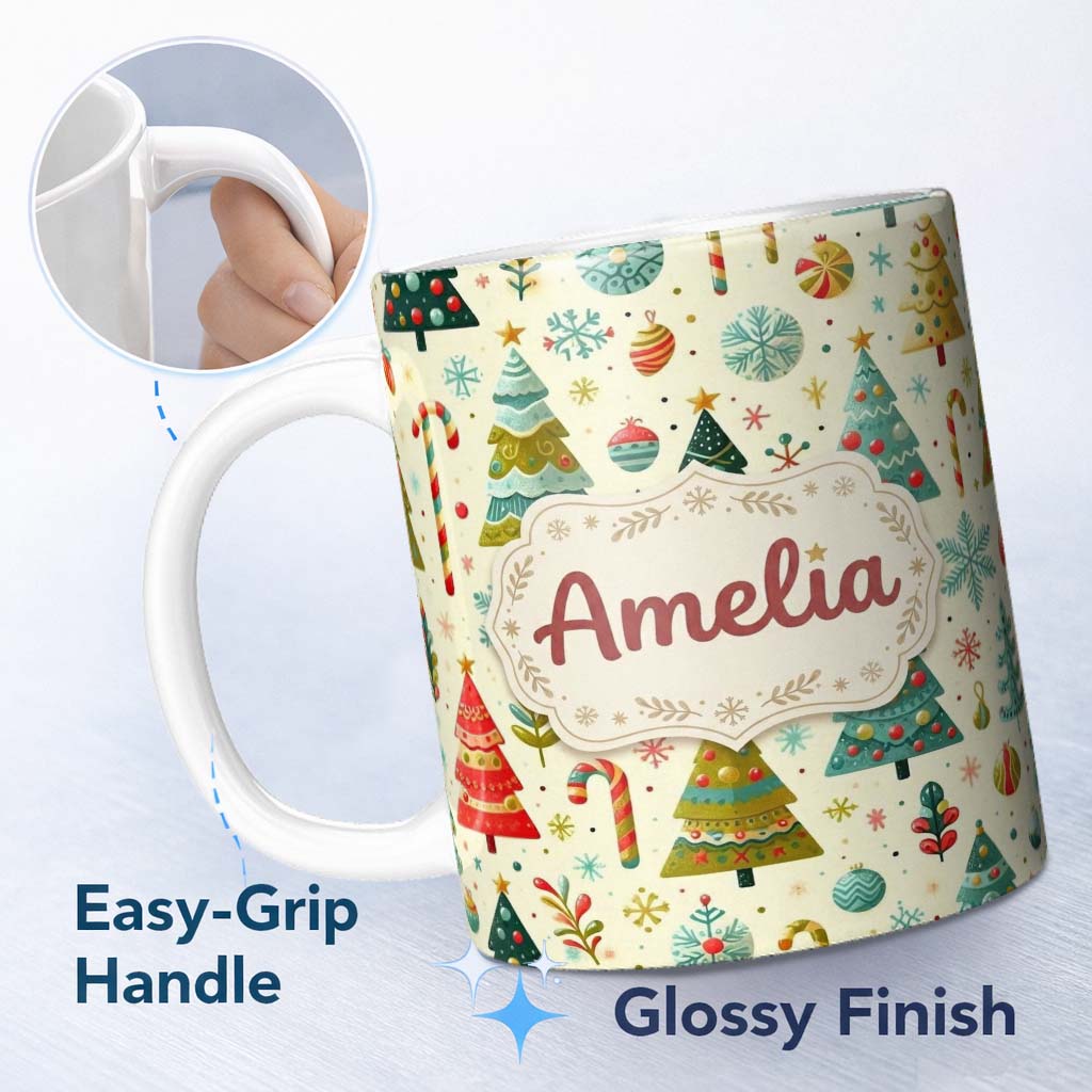 Personalized Custom Name Whimsical Christmas Trees with Candy Canes Baubles and Snowflakes 11oz Ceramic Coffee Tea Mug White Large Handle