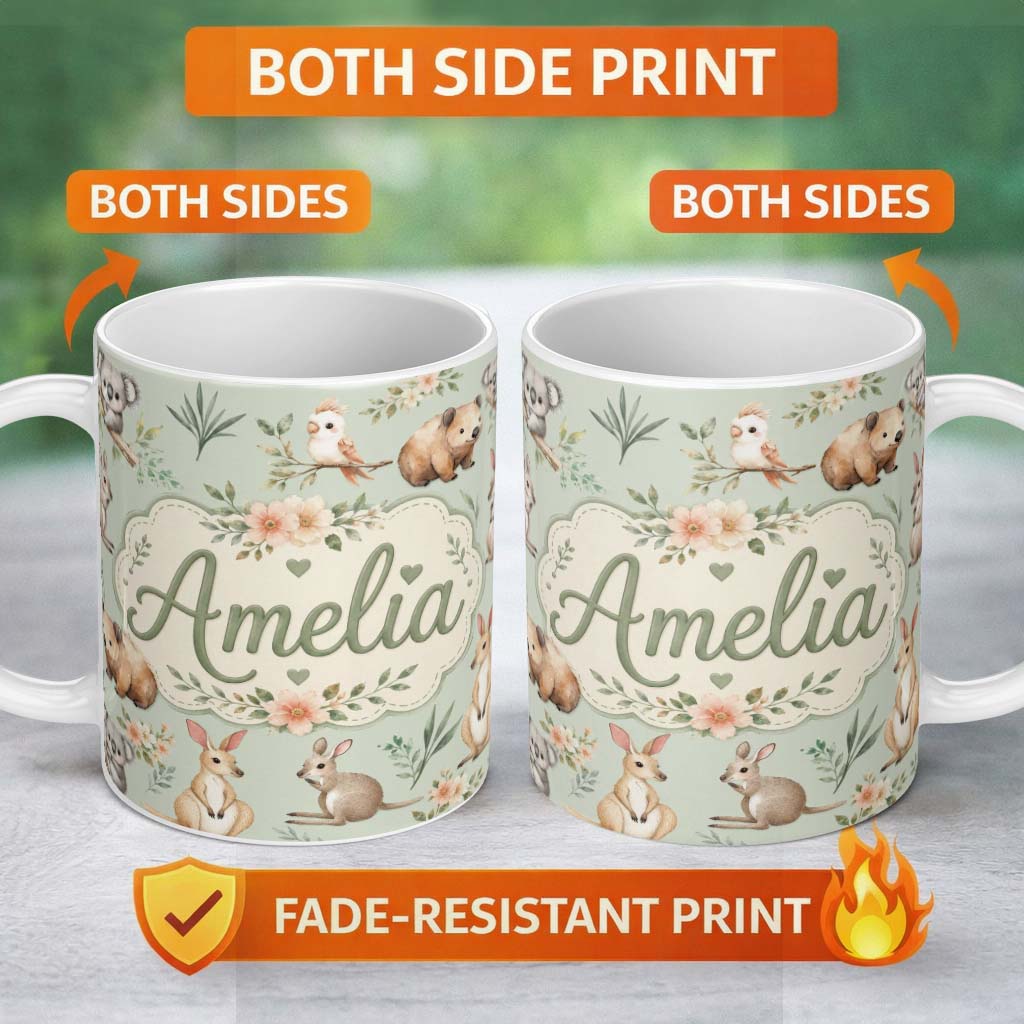Personalized Custom Name Cute Woodland Animals Koala Kangaroo Bear Floral Pattern Sage Green 11oz Ceramic Coffee Tea Mug White Large Handle