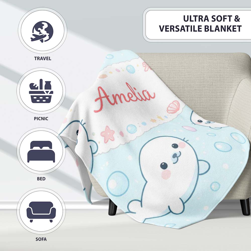 Cute Kawaii Seal Cartoon Animal Ocean Pattern Stylish Everyday   Personalised Custom Name Super Soft Fleece Blanket Bed Sofa Throw