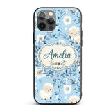 Cute Baby Sheep Lambs with Blue Floral Background Custom Name Protective Phone Case Mobile Cover Durable Everyday Smartphone Shock Resistant