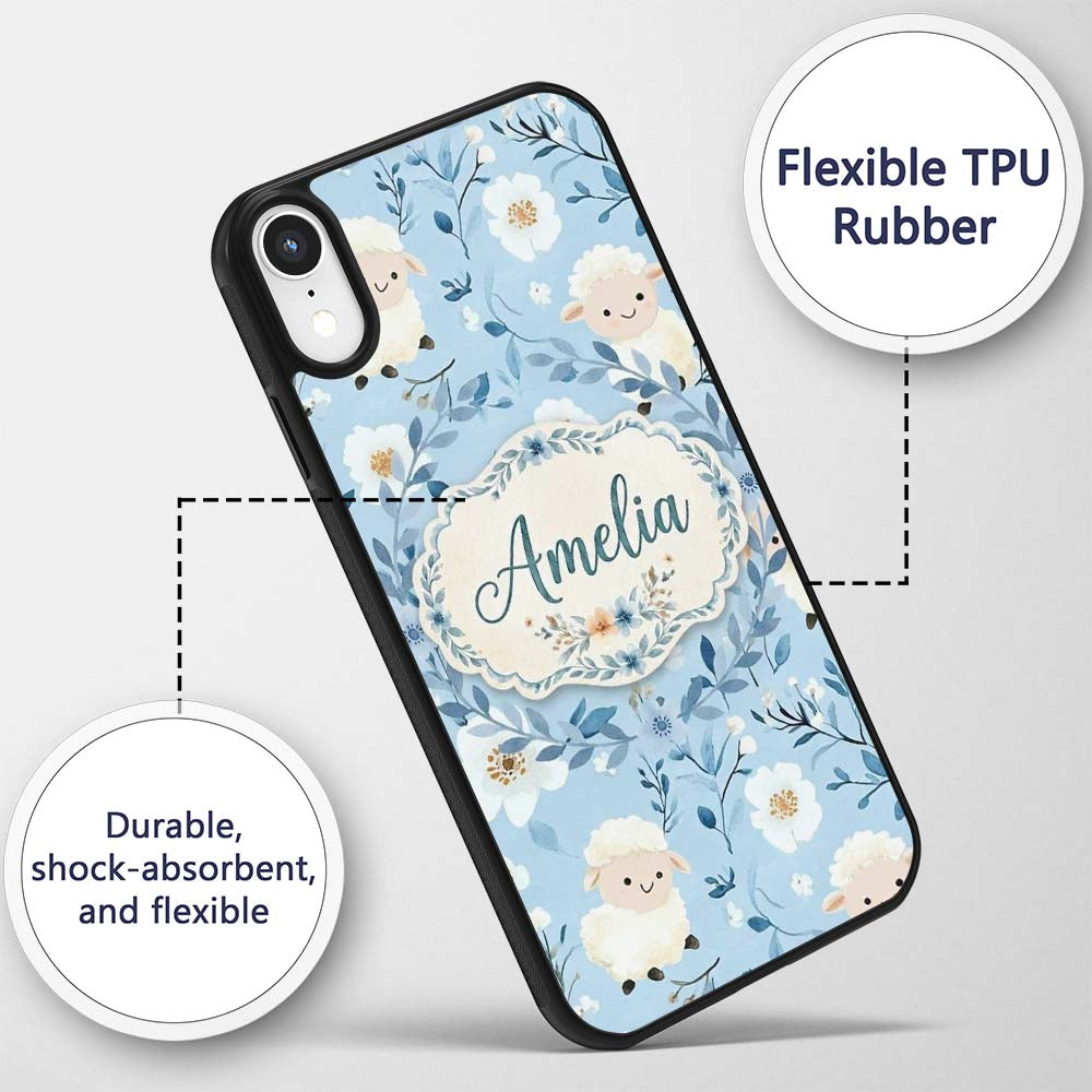 Cute Baby Sheep Lambs with Blue Floral Background Custom Name Protective Phone Case Mobile Cover Durable Everyday Smartphone Shock Resistant