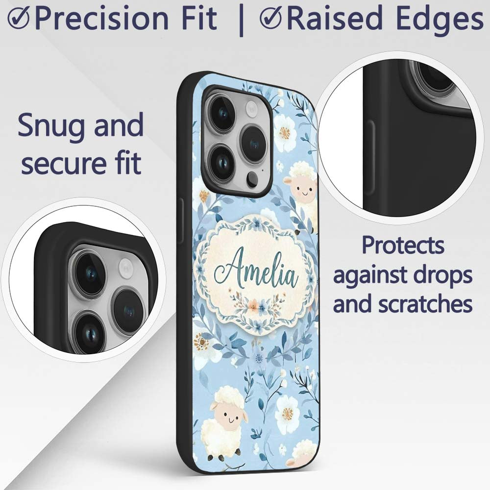 Cute Baby Sheep Lambs with Blue Floral Background Custom Name Protective Phone Case Mobile Cover Durable Everyday Smartphone Shock Resistant