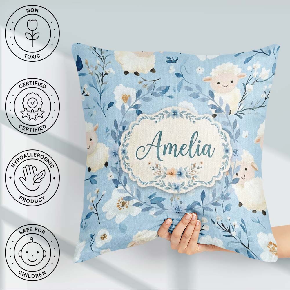 Custom Name Baby Sheep Lambs with Blue Floral Background Pattern Square Filled Cushion Throw Pillow Sofa Bed Home Decor Zip Washable UK Made