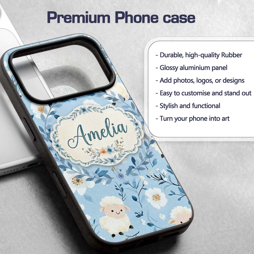 Cute Baby Sheep Lambs with Blue Floral Background Custom Name Protective Phone Case Mobile Cover Durable Everyday Smartphone Shock Resistant