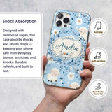 Cute Baby Sheep Lambs with Blue Floral Background Custom Name Protective Phone Case Mobile Cover Durable Everyday Smartphone Shock Resistant