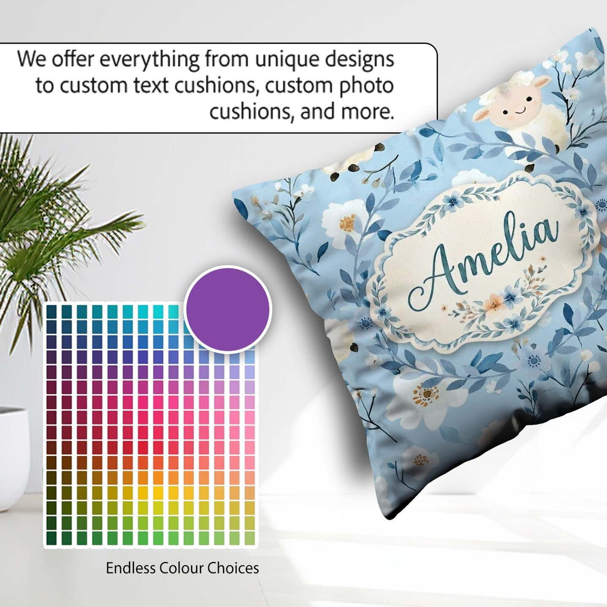 Custom Name Baby Sheep Lambs with Blue Floral Background Pattern Square Filled Cushion Throw Pillow Sofa Bed Home Decor Zip Washable UK Made